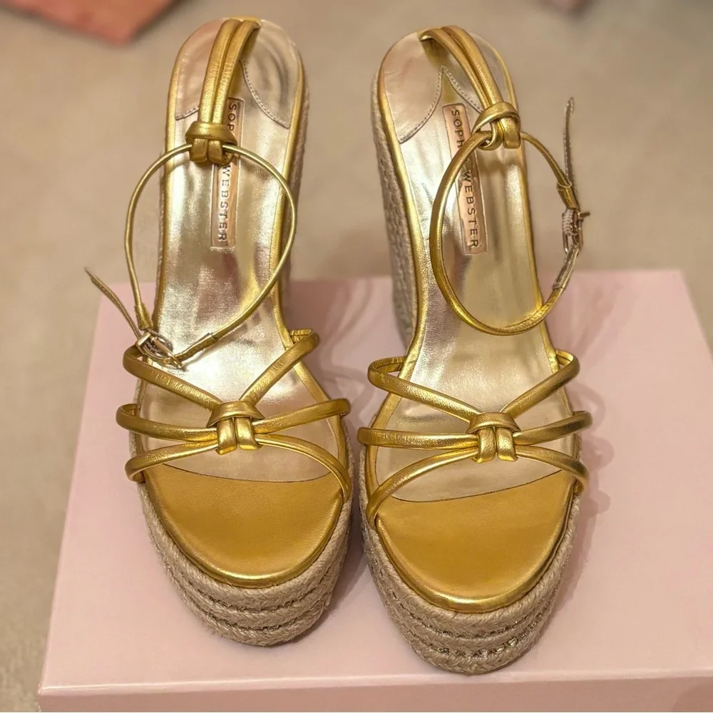 NWB Sophia Webster Alina Gold Espadrille Open Wedge Platform Heel Shoes Crystal - Picture 6 of 10